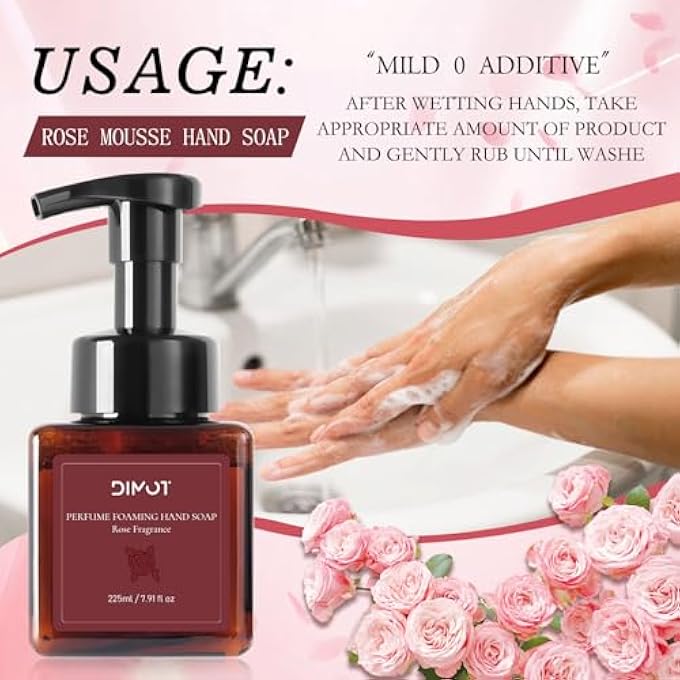 DIMOT FOAM HAND SOAP ROSE FRAGRANCE - GENTLE FOAM SOAP WITH HYALURONIC ACID & VITAMIN E, MILD FOAM MOUSSE FOR DAILY HAND WASH - 225 ML - Image 5